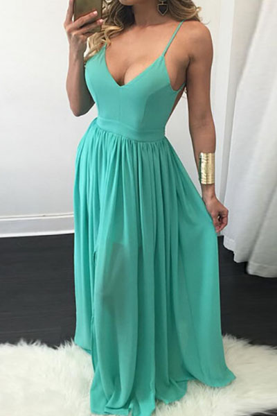 Sexy V Neck Spaghetti Strap Sleeveless Backless Light Blue Chiffon