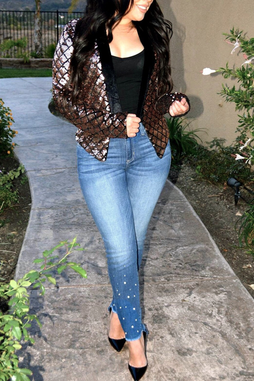 Lovely Sexy Mandarin Collar Sequins Decoration Rose Gold Polyester Blazer Lovely Sexy Mandarin Collar Sequins Decoration Rose Gold Polyester Blazer<br>