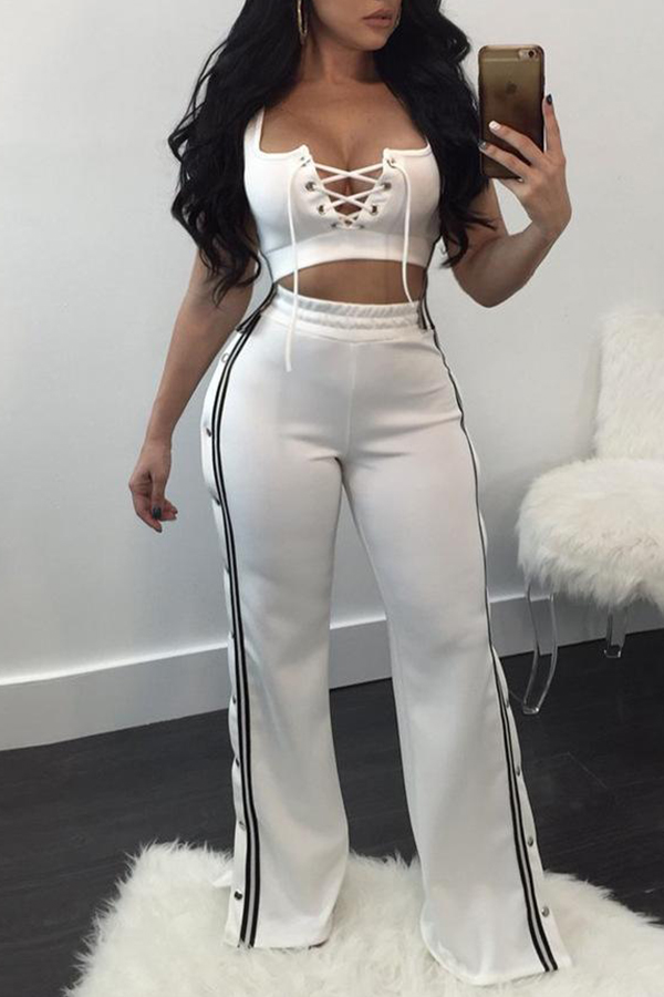 Lovely Stylish U Neck Lace-up Striped Buttons White Polyester Two-piece Pants Set
Lovely Stylish U Neck Lace-up Striped Buttons White Polyester Two-piece Pants Set