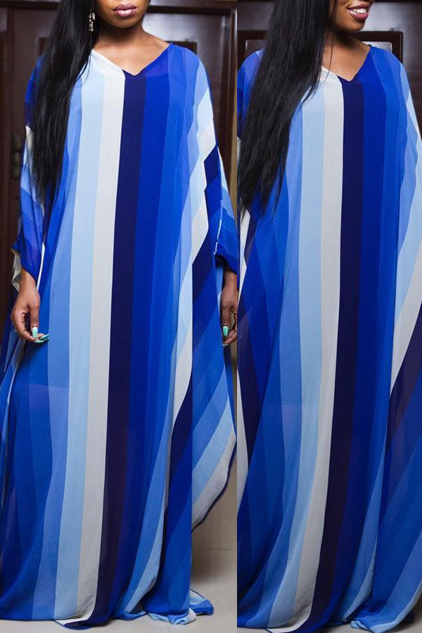 Lovely Casual Striped Loose Blue Floor Length Dress