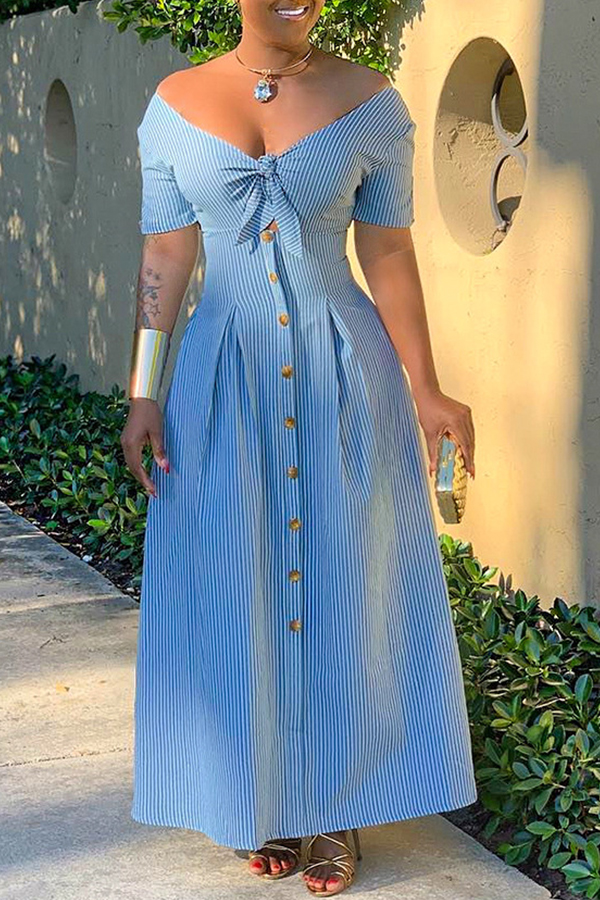 Lovely Sweet V Neck Striped Blue Ankle Length A Line Dress(With Elastic)
Lovely Sweet V Neck Striped Blue Ankle Length A Line Dress(With Elastic)