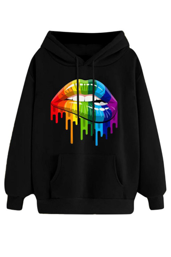Lovely Casual Hooded Collar Lip Printed Black Hoodie