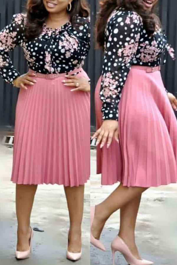 Lovely Casual Print Pink Knee Length Plus Size Dress