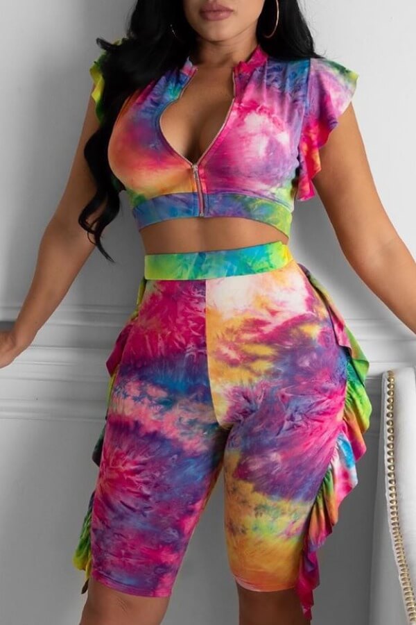 Lovely Trendy Tie-dye Red Two-piece Shorts Set