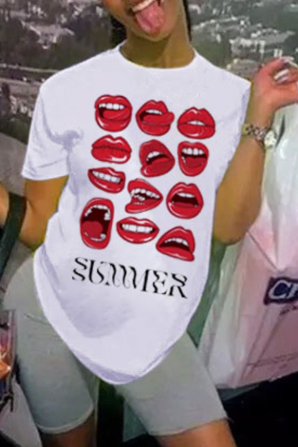 lovely Leisure O Neck Lip Print White T-shirt