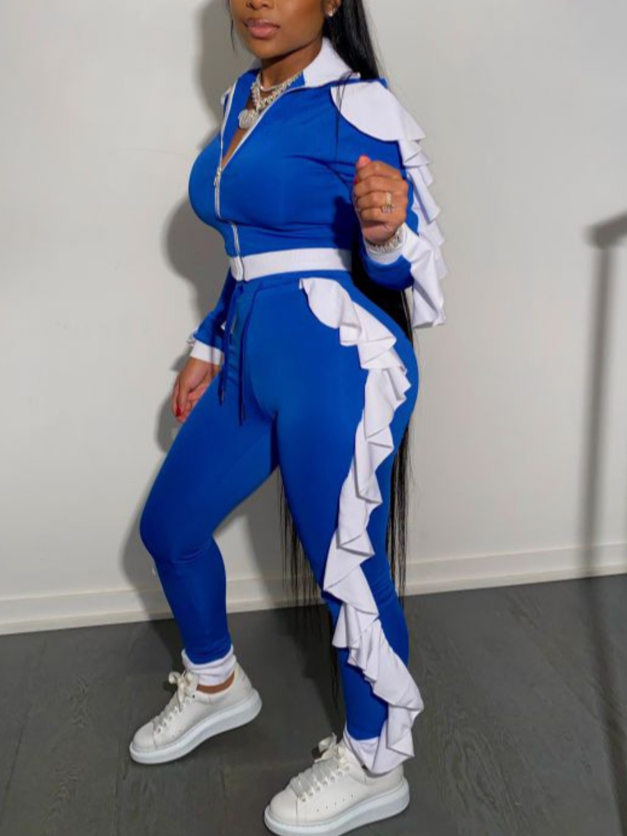 lovely Sportswear Turndown Collar Patchwork Flounce Design Blue Two Piece Pants Set
lovely Sportswear Turndown Collar Patchwork Flounce Design Blue Two Piece Pants Set