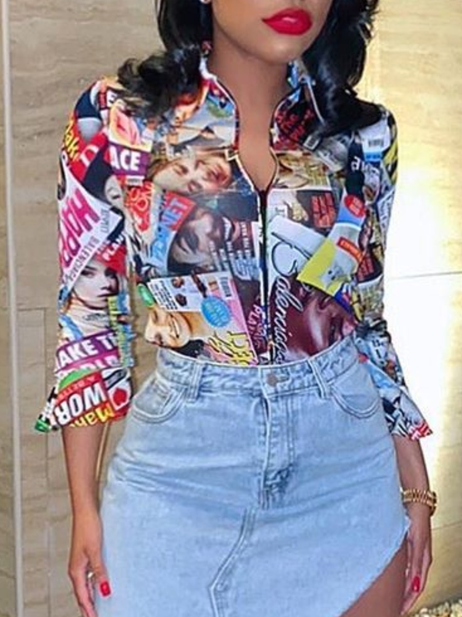 lovely Stylish Turndown Collar Print Zipper Design Multicolor Blouse, Multi
lovely Stylish Turndown Collar Print Zipper Design Multicolor Blouse, Multi