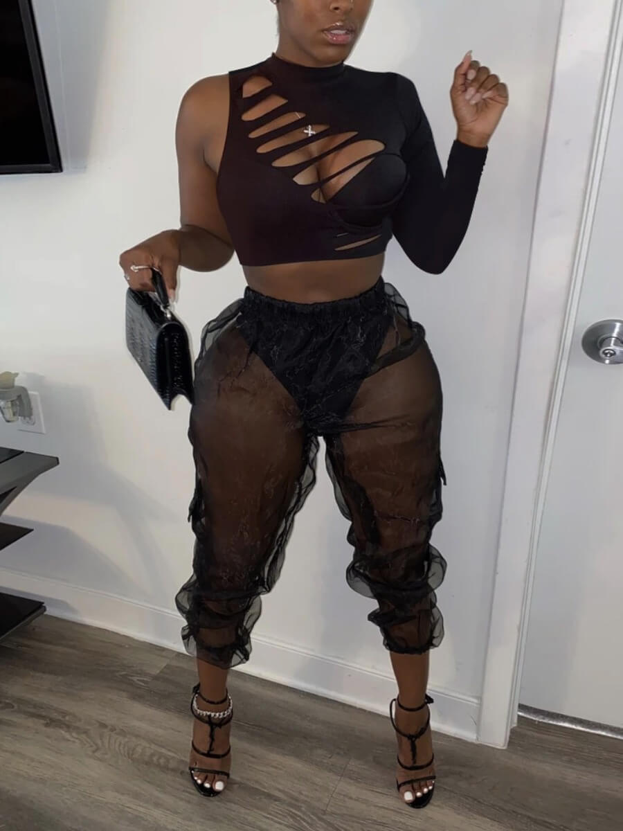 Lovely Sexy One Shoulder Broken Holes See-through Black Two Piece Pants Set
Lovely Sexy One Shoulder Broken Holes See-through Black Two Piece Pants Set