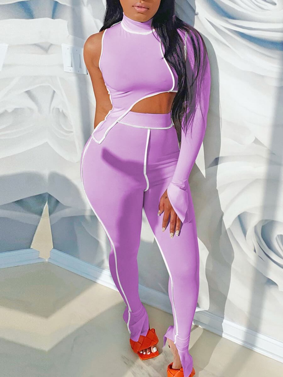 Lovely Sportswear Turtleneck One Shoulder Patchwork Purple Two Piece Pants Set
Lovely Sportswear Turtleneck One Shoulder Patchwork Purple Two Piece Pants Set