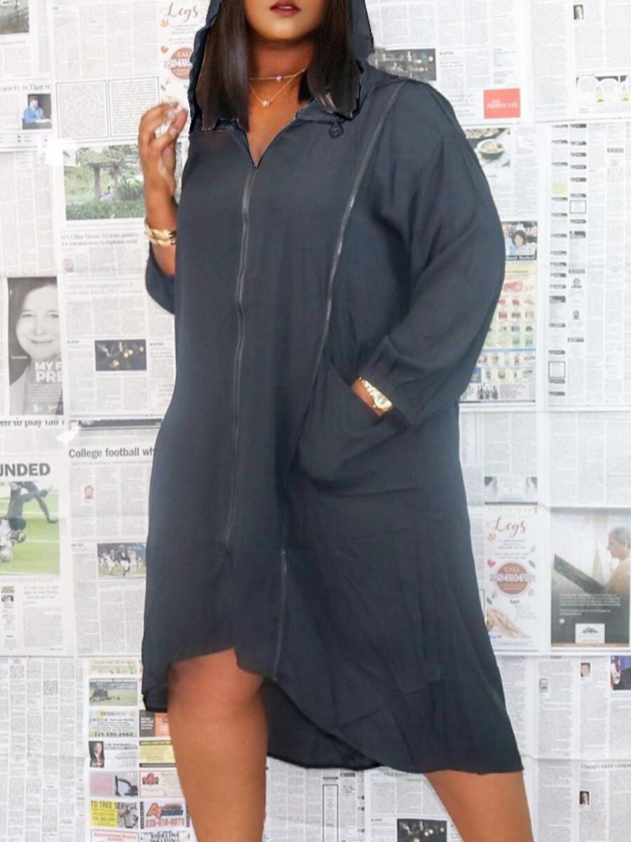 Lovely Casual Hooded Collar Zipper Design Asymmetrical Black Knee Length Plus Size Dress
Lovely Casual Hooded Collar Zipper Design Asymmetrical Black Knee Length Plus Size Dress