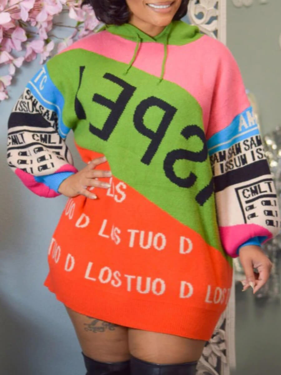 Lovely Street Hooded Collar Letter Print Patchwork Multicolor Mini Plus Size Dress, Multi
Lovely Street Hooded Collar Letter Print Patchwork Multicolor Mini Plus Size Dress, Multi