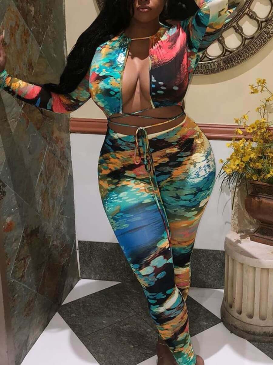 Lovely Sexy Print Bandage Hollow-out Design Multicolor Two Piece Pants Set, Multi
Lovely Sexy Print Bandage Hollow-out Design Multicolor Two Piece Pants Set, Multi