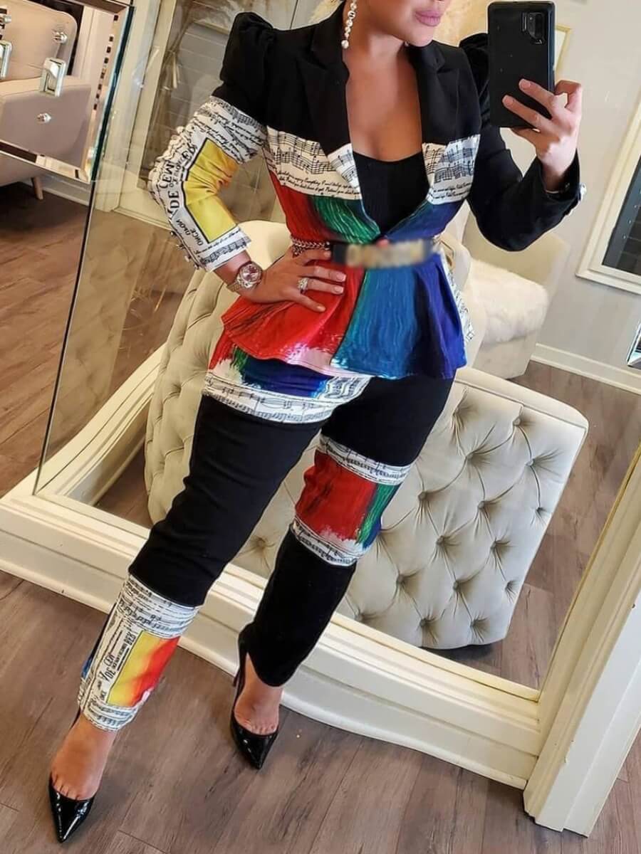 Lovely Street Print Color-lump Patchwork Black Two Piece Pants Set(Without Belt
Lovely Street Print Color-lump Patchwork Black Two Piece Pants Set(Without Belt