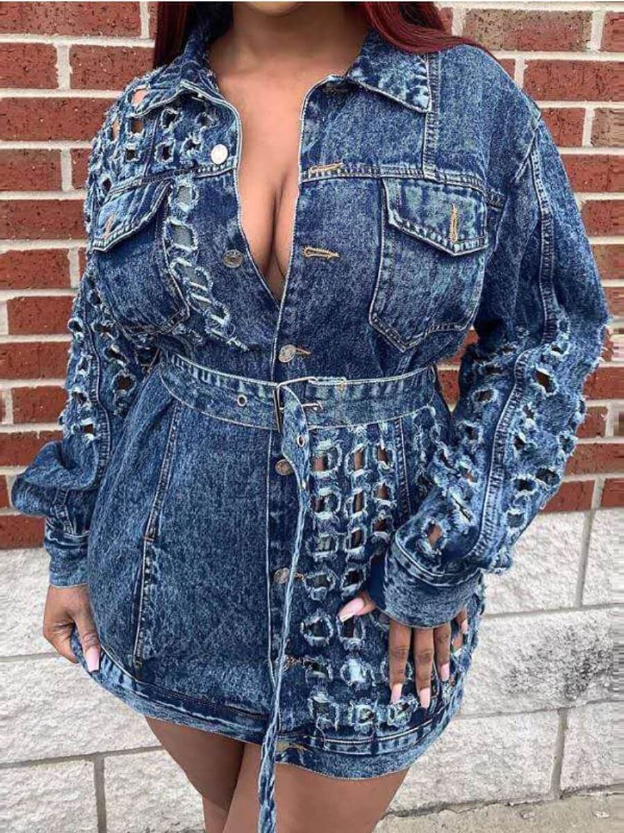 Lovely Street Turndown Collar Long Sleeve Hollow-out Blue Denim Coat
Lovely Street Turndown Collar Long Sleeve Hollow-out Blue Denim Coat