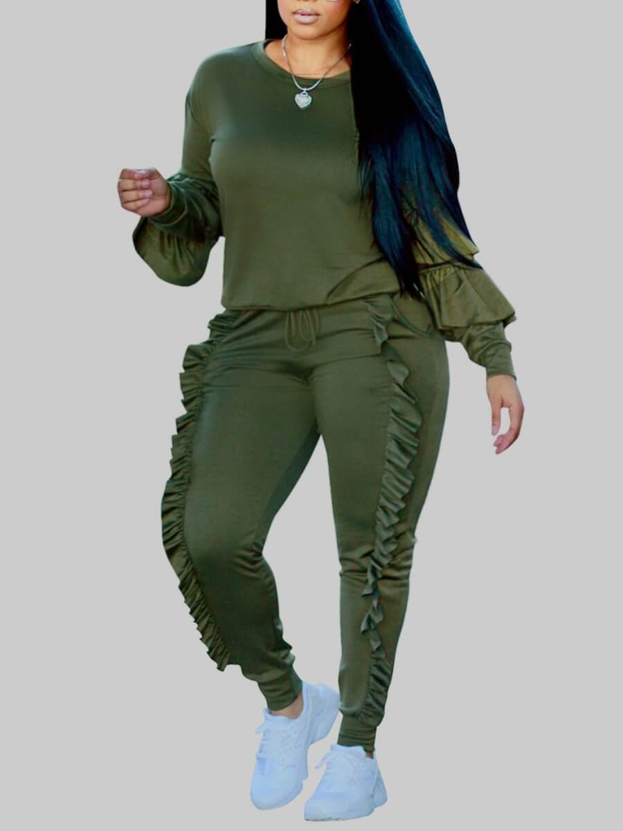 Lovely Casual O Neck Long Sleeve Ruffle Design Green Plus Size Two-piece Pants Set
Lovely Casual O Neck Long Sleeve Ruffle Design Green Plus Size Two-piece Pants Set