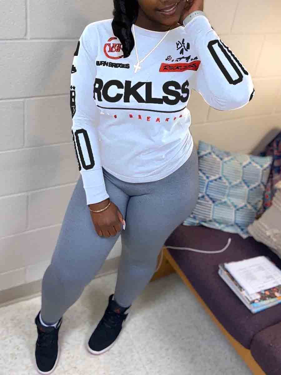 Lovely Sportswear O Neck Letter Print White Two Piece Pants Set 
Lovely Sportswear O Neck Letter Print White Two Piece Pants Set