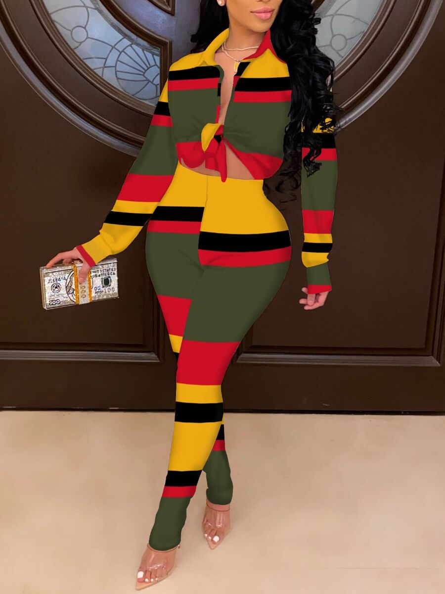 Lovely Casual Turndown Collar Color-lump Patchwork Multicolor Stripe Two Piece Pants Set
Lovely Casual Turndown Collar Color-lump Patchwork Multicolor Stripe Two Piece Pants Set