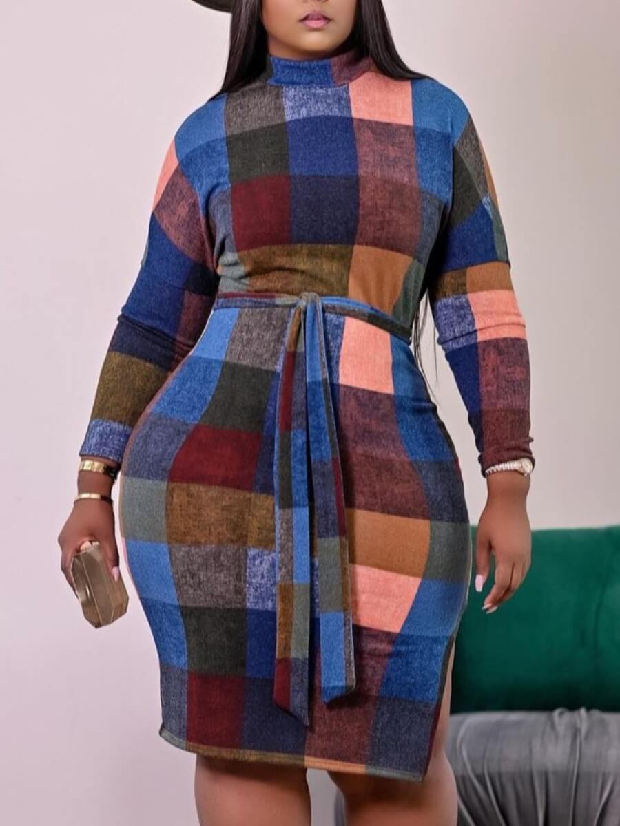 LW Street Plaid Print Lace-up Side Slit Multicolor Knee Length Dress, Multicolor lattices
LW Street Plaid Print Lace-up Side Slit Multicolor Knee Length Dress, Multicolor lattices