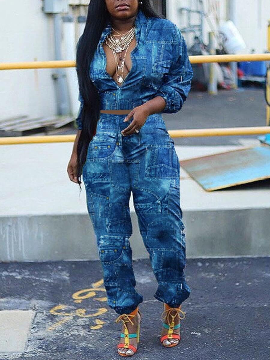 LW Turndown Collar Print Pants Set, Blue