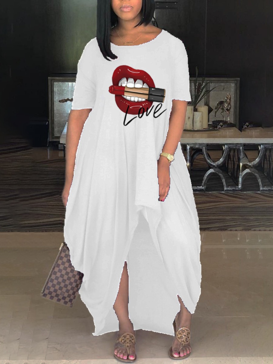 LW Plus Size Casual O Neck Lip Print Asymmetrical Black Ankle Length Dress, White
LW Plus Size Casual O Neck Lip Print Asymmetrical Black Ankle Length Dress, White
