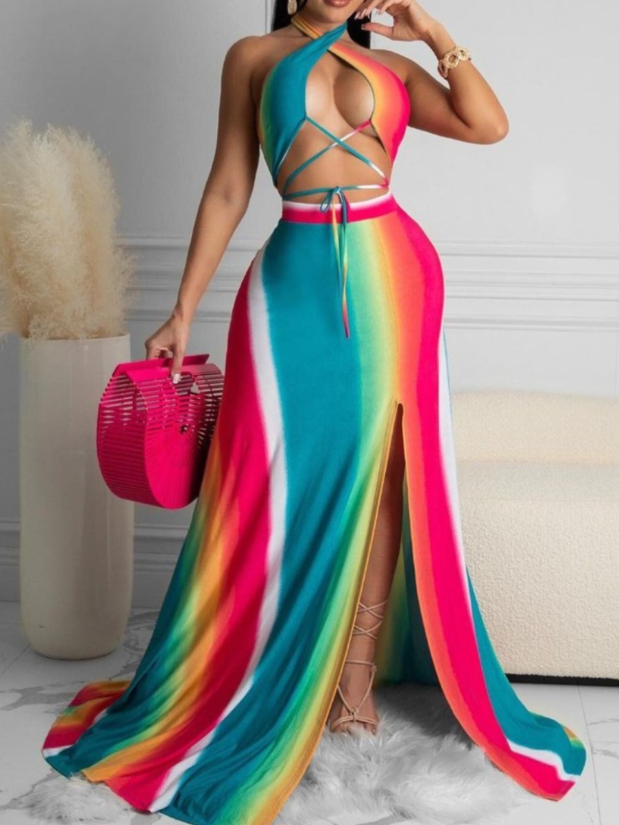Lovely Boho Bandage Design Striped Split Multicolor Two Piece Skirt Set, Multi
Lovely Boho Bandage Design Striped Split Multicolor Two Piece Skirt Set, Multi