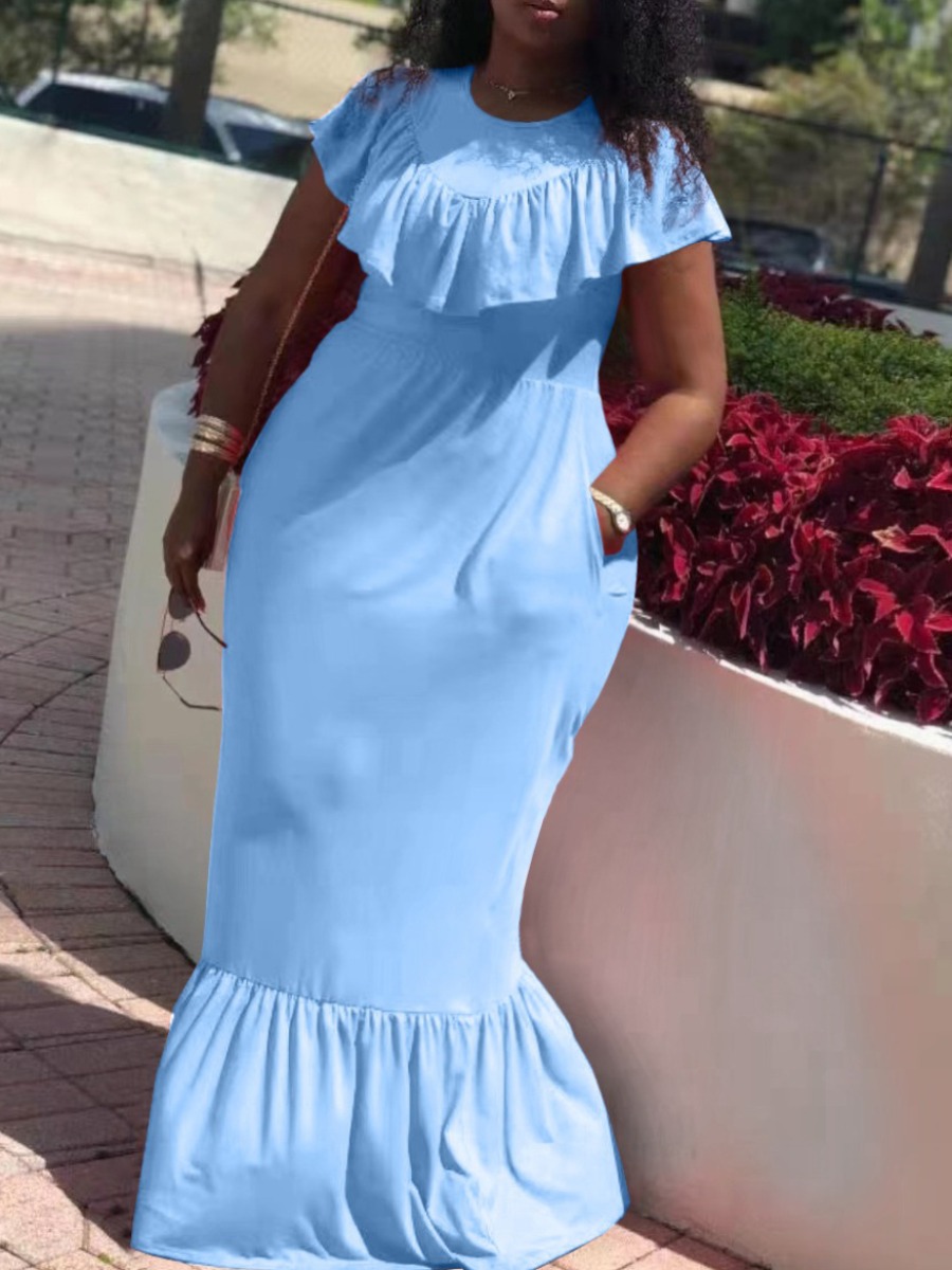Lovely Plus Size Sweet O Neck Flounce Design Skyblue Floor Length Dress
Lovely Plus Size Sweet O Neck Flounce Design Skyblue Floor Length Dress