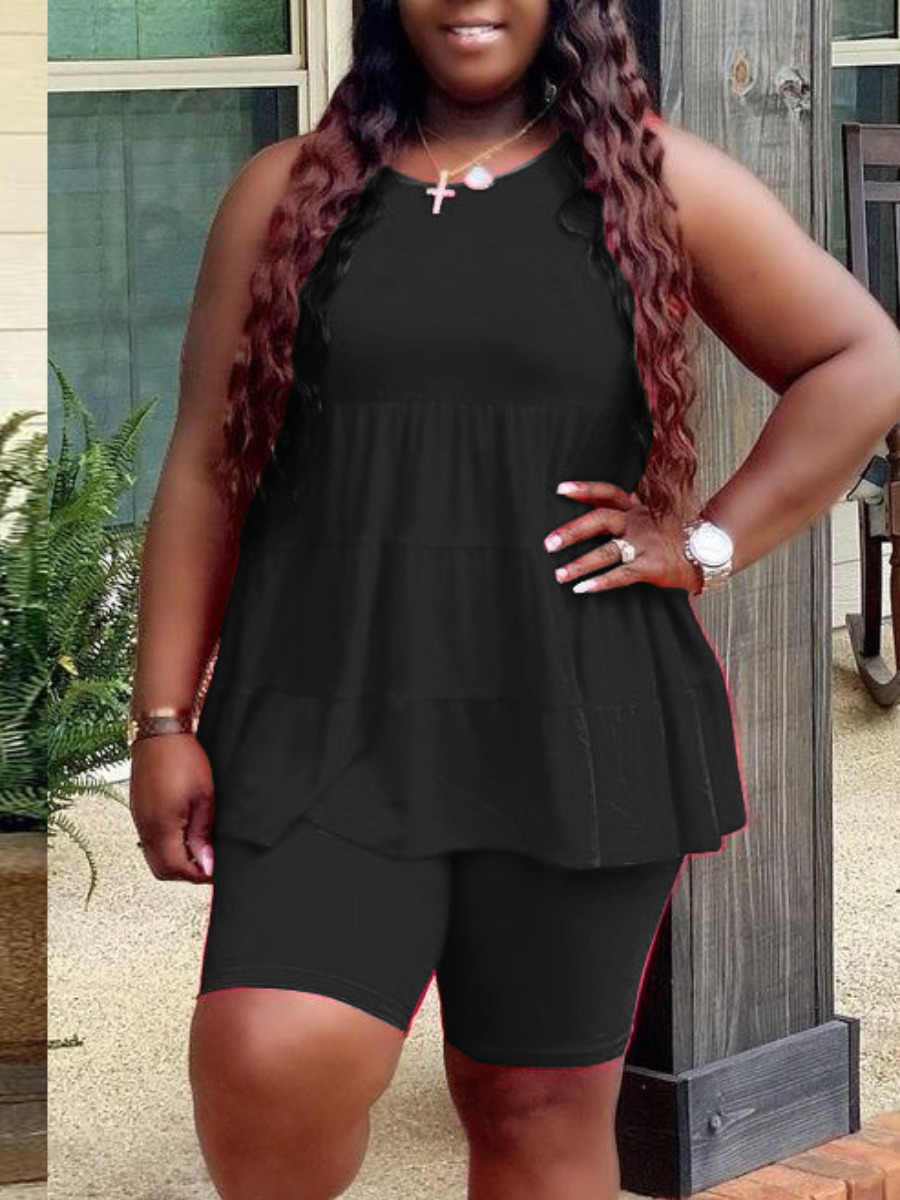 Lovely Casual O Neck Ruffle Design Black Plus Size Two-piece Shorts Set
Lovely Casual O Neck Ruffle Design Black Plus Size Two-piece Shorts Set