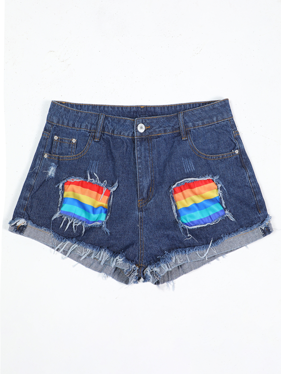 LW Trendy Patchwork Blue Denim Shorts