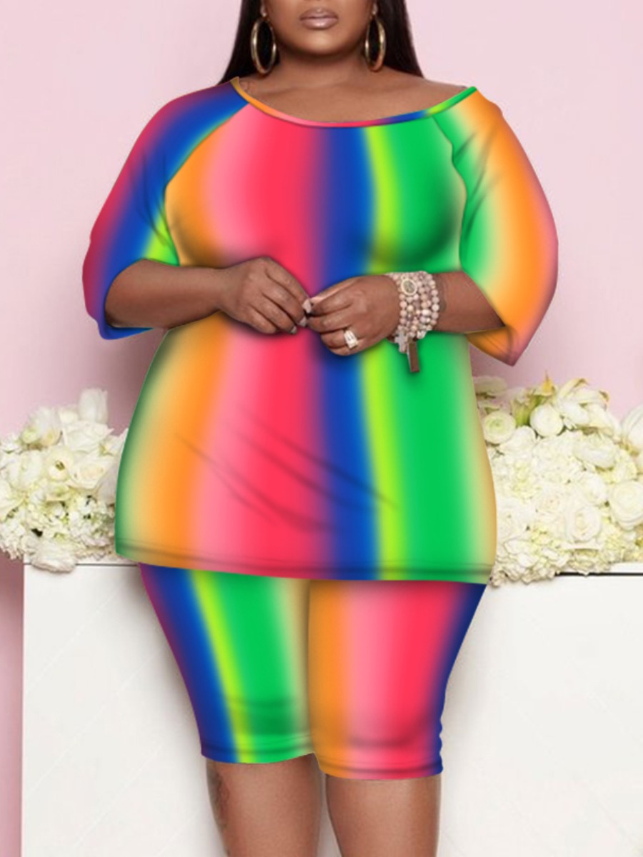 Lovely Plus Size Casual O Neck Rainbow Striped Multicolor Two-piece Shorts Set, Multi
Lovely Plus Size Casual O Neck Rainbow Striped Multicolor Two-piece Shorts Set, Multi