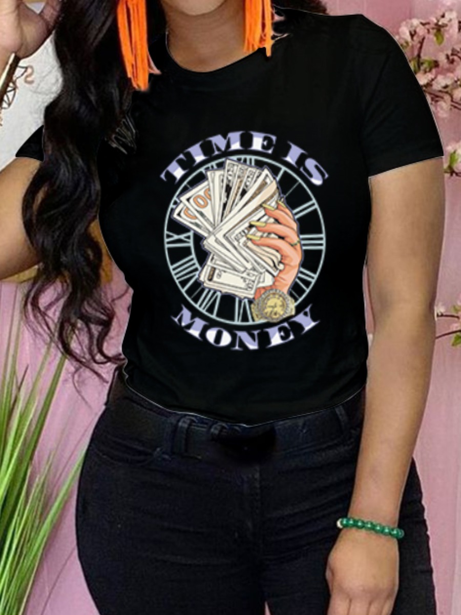 Lovely Casual Money Letter Print Black T-shirt
