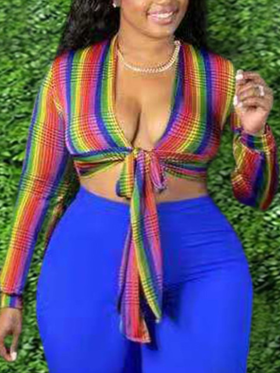 Lovely Plus Size Casual Rainbow Striped Bandage Design Multicolor Blouse, Multi
Lovely Plus Size Casual Rainbow Striped Bandage Design Multicolor Blouse, Multi