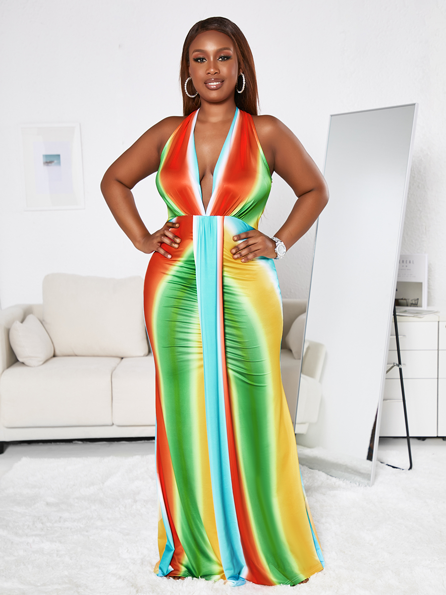 Lovely Plus Size Elegant V Neck Rainbow Striped Multicolor Floor Length Dress, Multi
Lovely Plus Size Elegant V Neck Rainbow Striped Multicolor Floor Length Dress, Multi