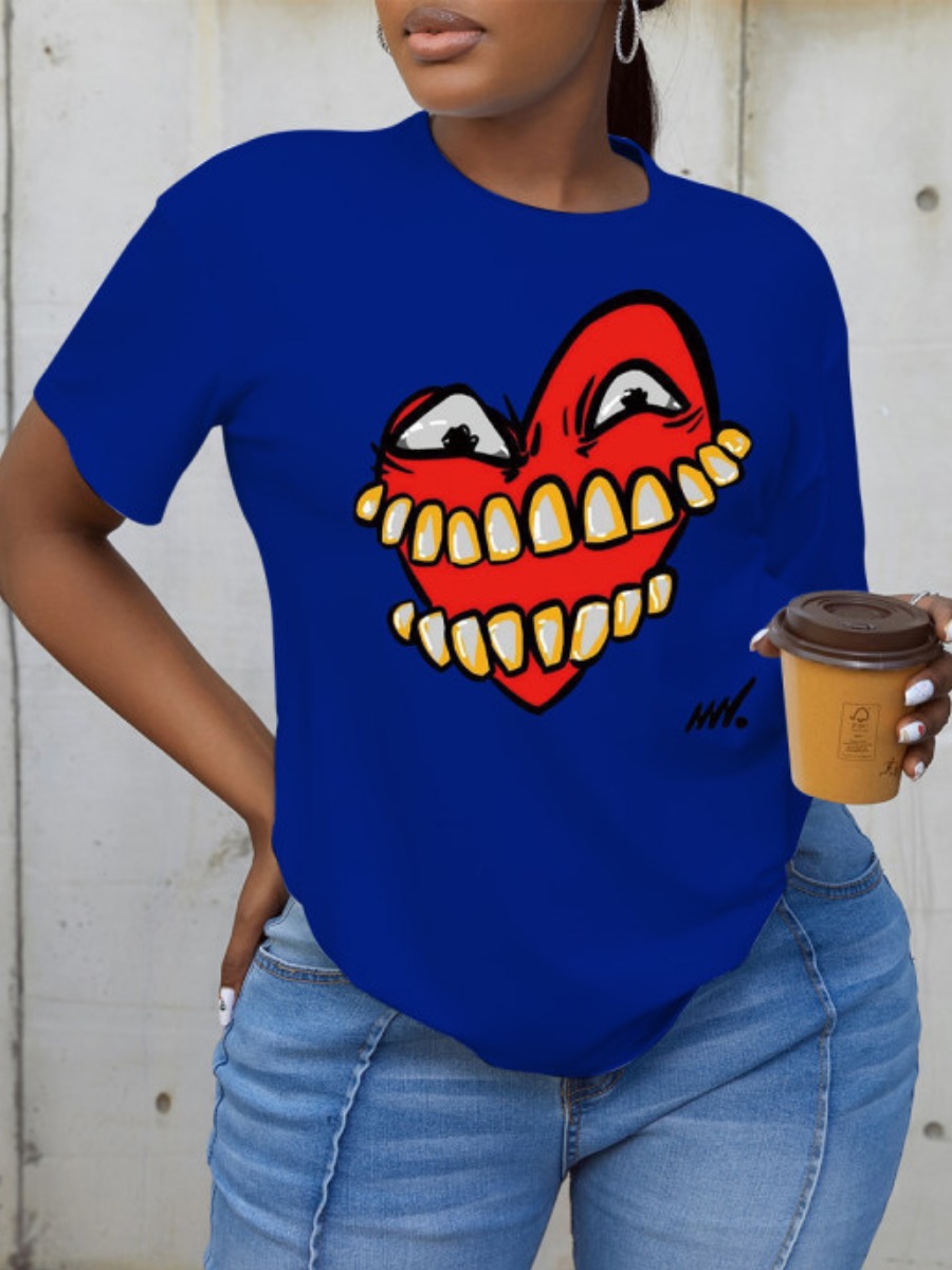 LW Round Neck Cartoon Print T-shirt, Blue