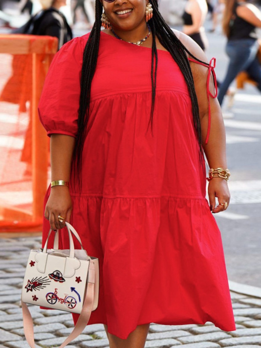 LW Plus Size One Shoulder Ruffle Design Dress, Bright red 
LW Plus Size One Shoulder Ruffle Design Dress, Bright red