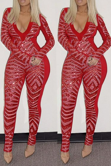 Lovely Trendy Patchwork Red Blending One-piece Jumpsuit