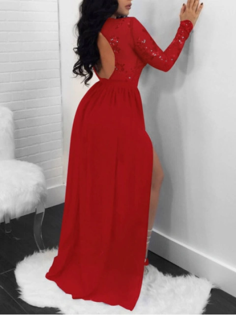 Lovely Sexy O Neck Patchwork Side High Slit Red Maxi Dress Sale |  LovelyWholesale
