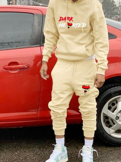 LW Men Hooded Collar Letter Print Tracksuit Set