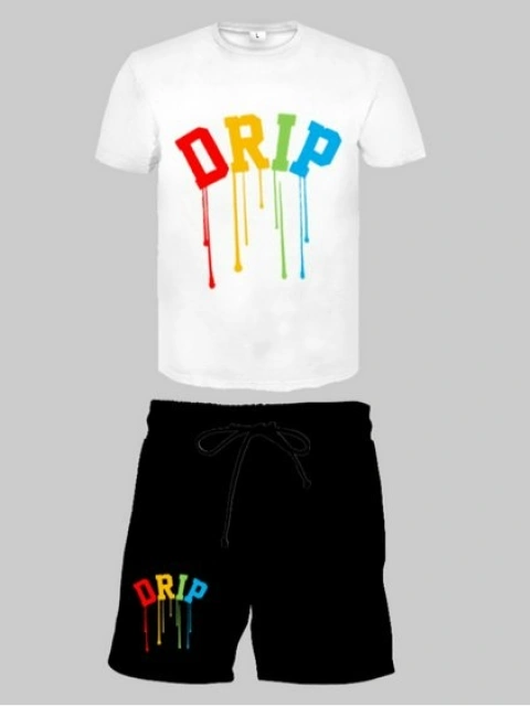 LW Men Drip Letter Print Shorts Set