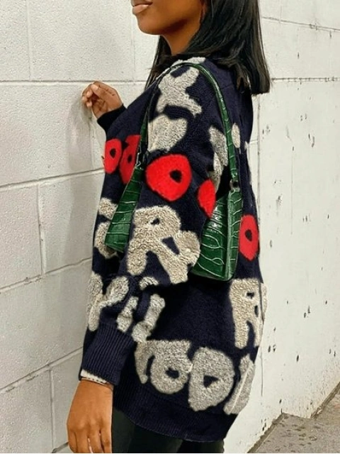 LW Letter Decor Patchwork Loose Cardigan Sale | LovelyWholesale
