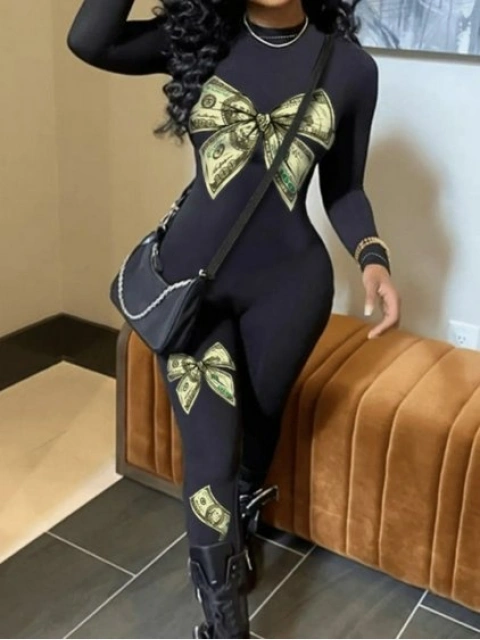 LW Plus Size Money Print Skinny Jumpsuit Sale LovelyWholesale
