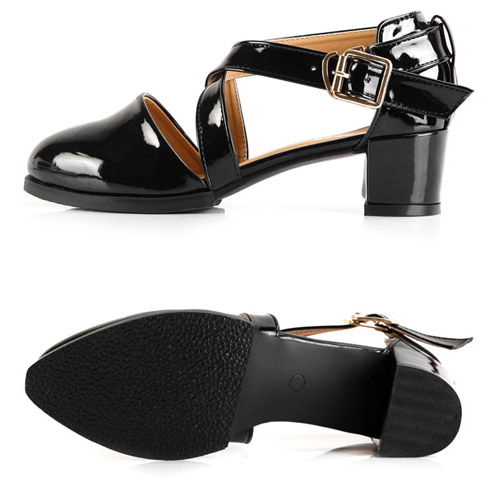 Fashion Chunky Mid Heel Black Patent Leather Cross Strap Sandals ...