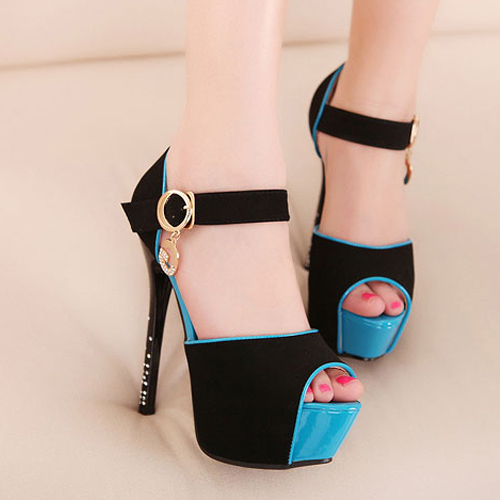 Fashion Platform Stiletto High Heels Blue Suede Ankle Strap Sandals ...