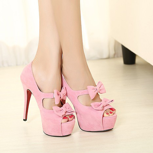 Fashion Hollow-out Bow Tie Embellished Stiletto High Heels Pink Suede ...