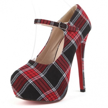 Fashion Round Closed Toe Plaid Print Stiletto High Heels Red Canvas Ankle Strap Pumps_Pumps 