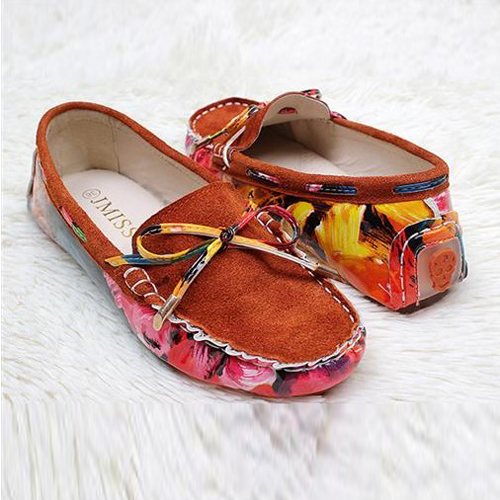 Fashion Round Closed Toe Flowers Print Orange Calf Flats Flats Shoes 