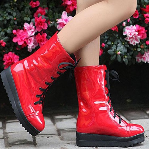 Fashion Winter Round Toe Flat Lace Up Red Patent Leather Short Boots ...
