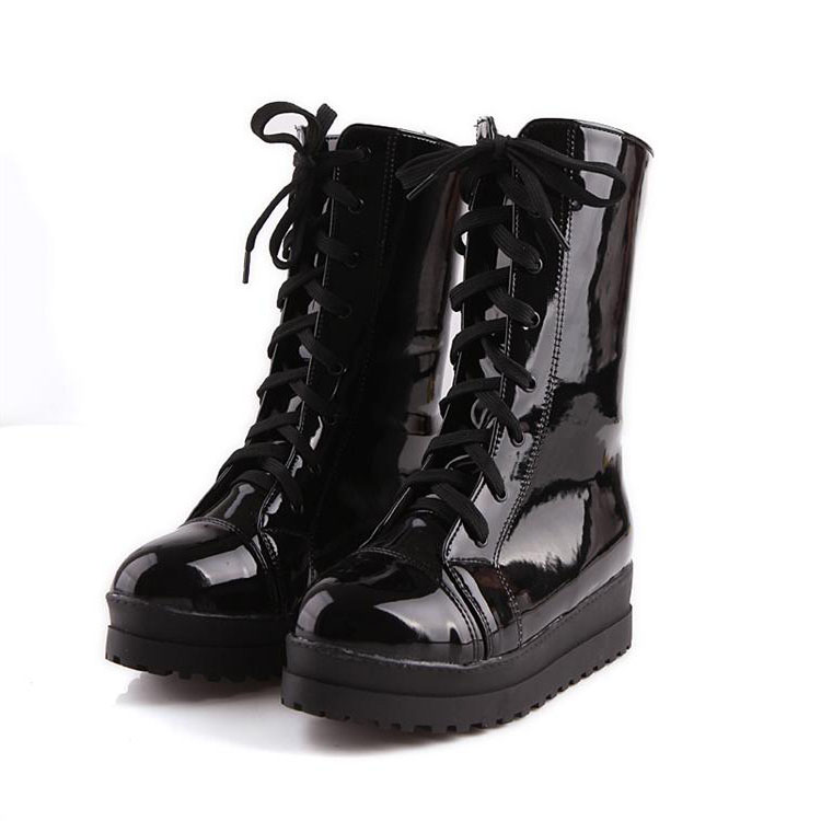 Fashion Winter Round Toe Flat Lace Up Black Patent Leather Short Boots_Boots_Shoes 