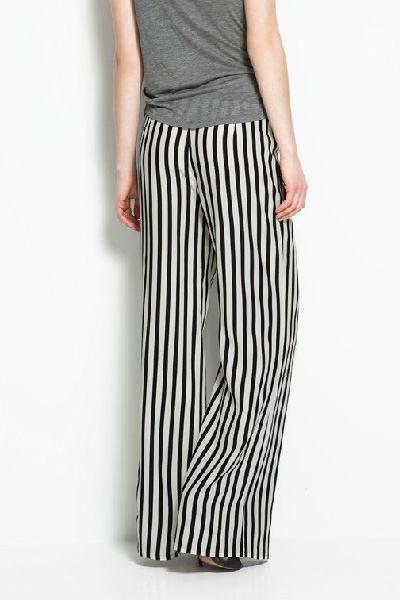Causal Black-white Striped Elastic Waist Mid Straight Pants