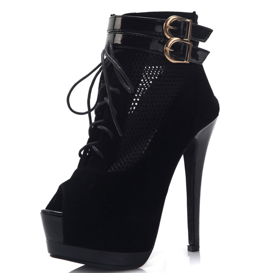 Fashion Round Peep Toe lace-up Stiletto High Heels Black Suede Pumps ...