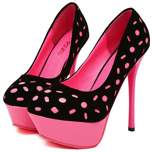 Fashion Round Closed Toe Polka Dots Print Stiletto High Heels Black ...
